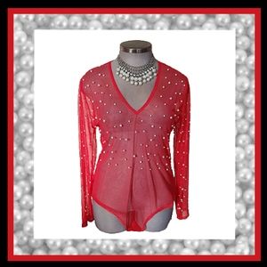 VALENTINE RED ☆ PEARL EMBELLISHED ☆ SHEER MESH BODYSUIT ☆ 3x ☆ NWOT